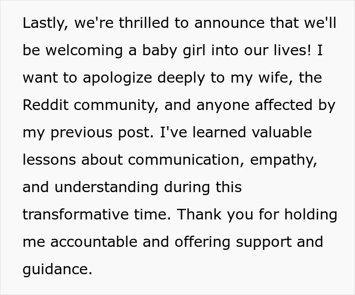 Text announcement about welcoming a baby girl and apologizing for past actions regarding the breadwinner and pregnant wife.