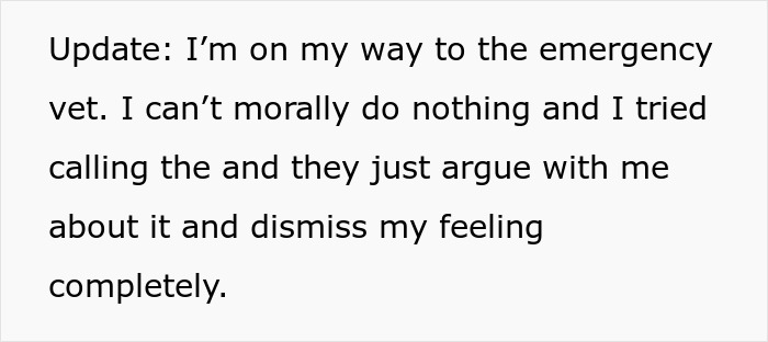 Text message stating the sender is on the way to the emergency vet due to neglectful owner dog health problems.