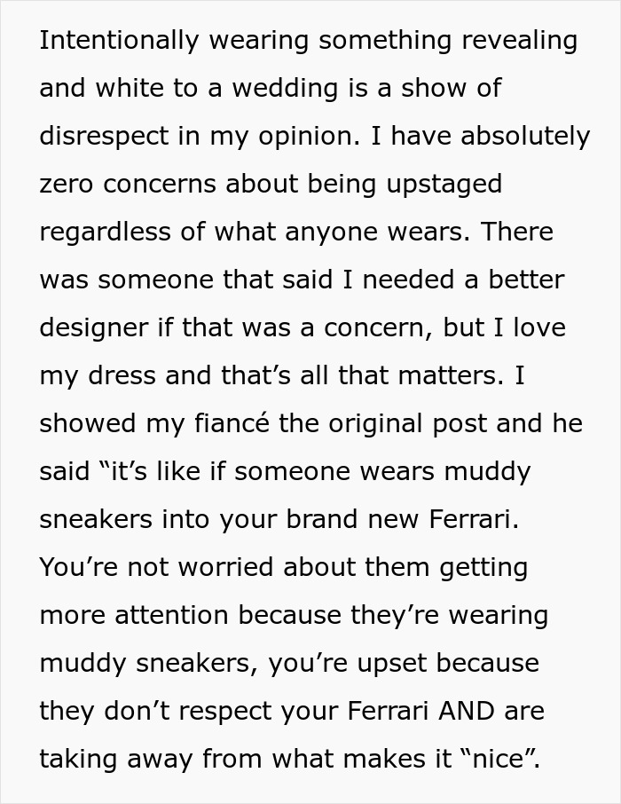 Texto falando sobre uma mulher querendo usar um vestido branco em um casamento e abordando respeito e percepção.