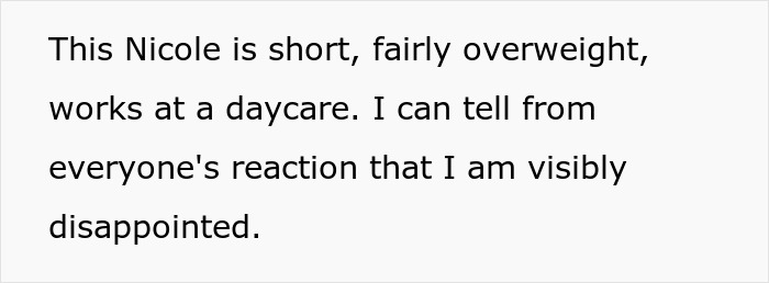 Text excerpt describing Nicole as short, overweight, working at a daycare, and reactions showing visible disappointment.