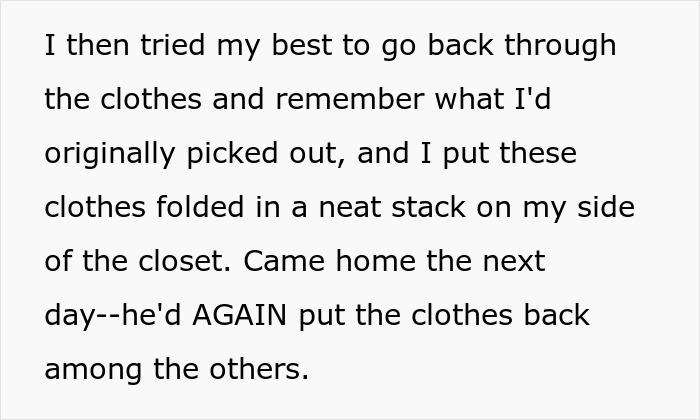 Stressed wife frustrated as unhelpful husband rearranges clothes, undoing her careful organization in the closet. Stressed wife frustrated as unhelpful husband rearranges clothes, undoing her careful organization in the closet.