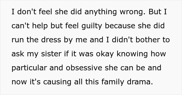 Text excerpt about guy approving outfit that caused family drama at sister&rsquo;s wedding, sparking controversy.