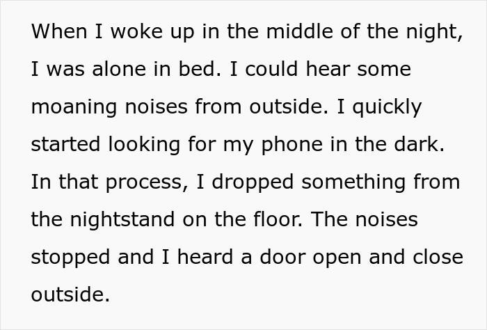 Text describing hearing moaning noises at night, leading to a feeling something happened involving hubby and bestie.