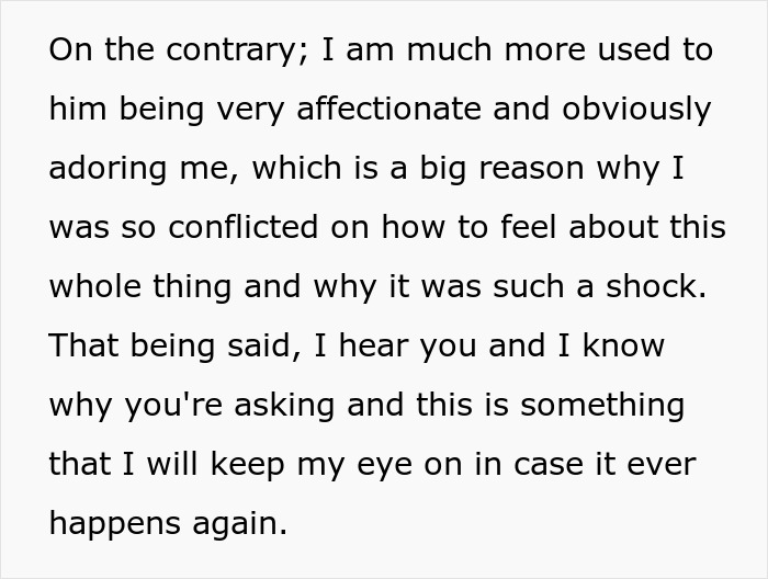 Text passage showing a wife conflicted about her husband seeming less affectionate after mentioning his ex was model pretty Text passage showing a wife conflicted about her husband seeming less affectionate after mentioning his ex was model pretty