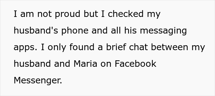 Text excerpt discussing a wife checking her husband's phone and messaging apps after hearing suspicious noises.