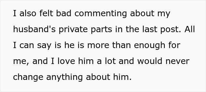 Text about husband&rsquo;s private parts and feelings, mentioning love and acceptance despite a previous comment.