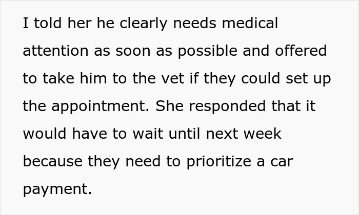 Text discussing neglectful owner causing dog health problems, delaying urgent medical care due to financial priorities.