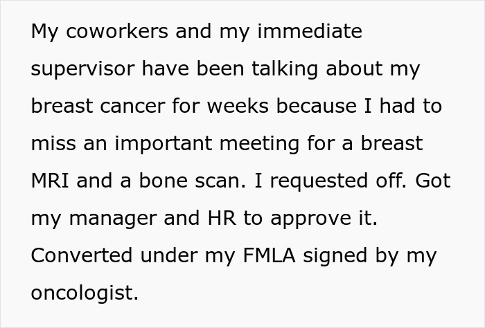 Text excerpt describing a cancer survivor dealing with work rumors after medical leave for breast cancer scans.