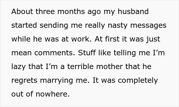 Text describing a woman receiving disturbing messages from her husband, raising fears he might be a psychopath. Text describing a woman receiving disturbing messages from her husband, raising fears he might be a psychopath.