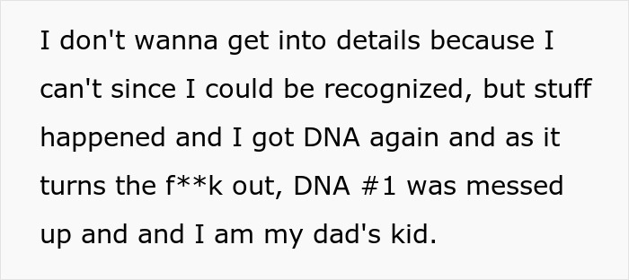 Text excerpt revealing a man&rsquo;s discovery of mixed DNA lab paternity results and his desire to reconnect with his son.