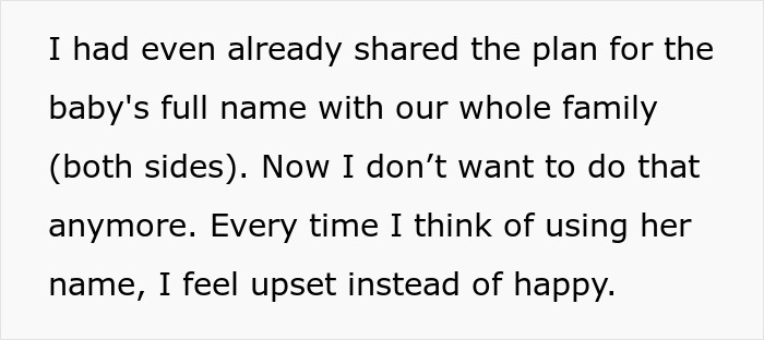 Alt text: A personal story excerpt about changing a baby name secretly while feeling upset and reconsidering shared plans with family.