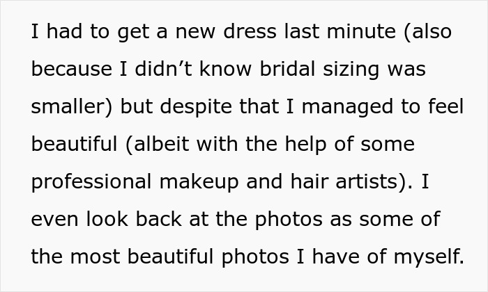 Text excerpt describing a bride feeling beautiful despite last-minute dress changes and professional makeup for wedding photos.