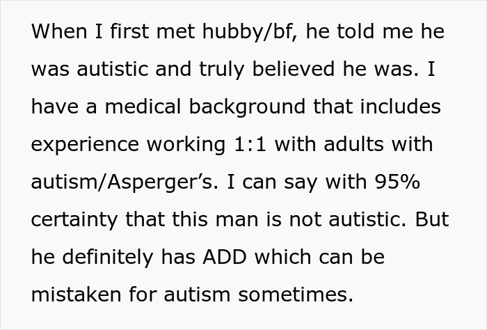 Text on a white background discussing a personal experience related to autism and ADD, highlighting uncertainty about diagnosis.