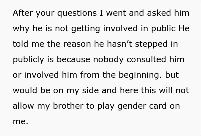 Text discussing a brother who inherited land and money but was not involved or consulted from the beginning.