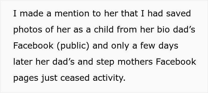 Text excerpt about saving photos from a bio dad's Facebook and sudden inactivity on family Facebook pages after mention.