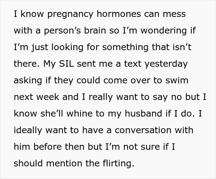 Text from a woman discussing pregnancy hormones and a difficult situation involving her sister-in-law.
