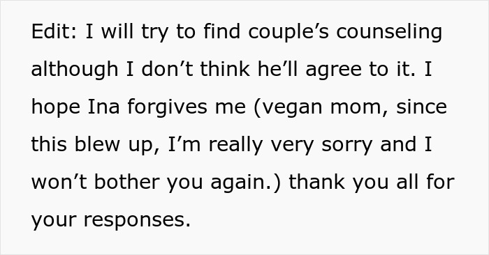 Text of a comment from a vegan mom apologizing and seeking couple&rsquo;s counseling after husband ruined daughter&rsquo;s friendship.