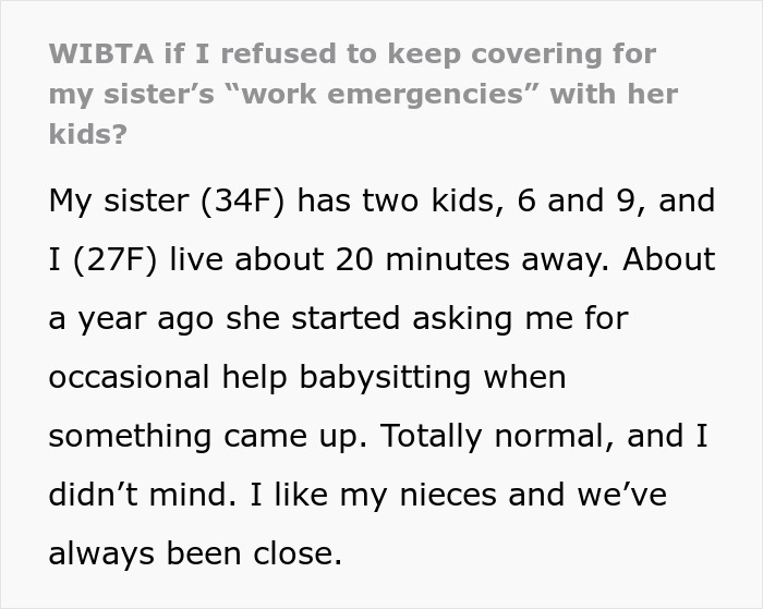 Text excerpt from a story about co-parenting challenges and setting boundaries with a sister used as a free sitter.