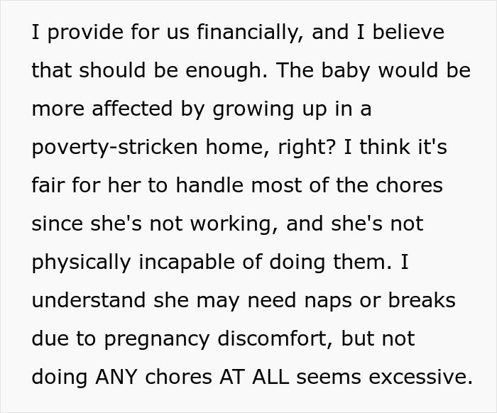 Alt text: Excerpt showing delusional guy&rsquo;s argument about being breadwinner and refusing to help pregnant wife with chores.