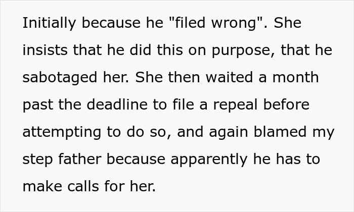 Text excerpt highlighting mom-work-drama and family conflict over missed filing deadlines and blame in a relationship.