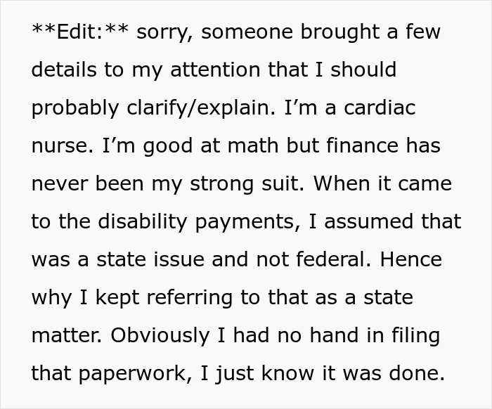 Text excerpt from a cardiac nurse clarifying misunderstanding about disability payments related to bankruptcy debt.