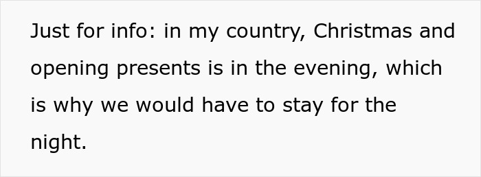 Text explaining cultural Christmas and gift-opening timing in one&rsquo;s country, unrelated to man&rsquo;s self-absorbed funeral drama.