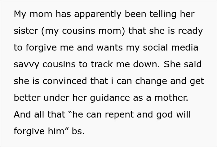Mensagem de texto sobre a mãe de um homem gay querendo perdoá-lo e usar a família para localizá-lo após ser expulso.