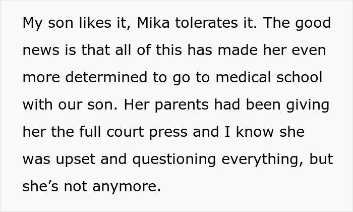 Text excerpt showing a mother determined to attend medical school despite grandparents wanting to leave the toddler behind.