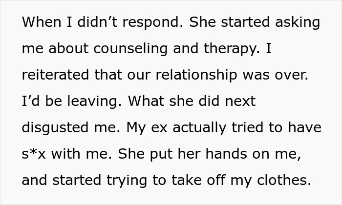 Text excerpt describing a man ending a relationship after his partner admits to cheating multiple times for variety.