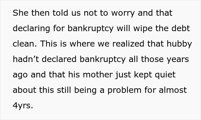 Text discussing mil wants to file bankruptcy to wipe debt clean after years of unresolved financial problems.