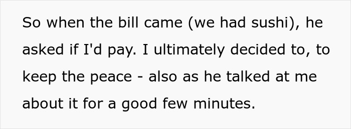 Text excerpt about a gold digger test situation involving a sushi bill and paying to keep peace.