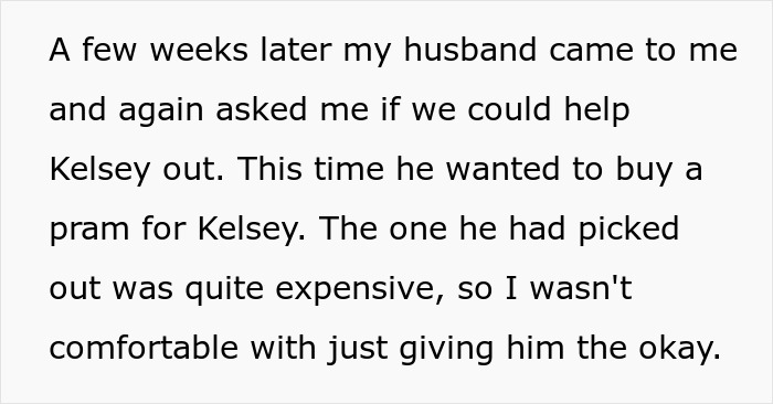 Text excerpt showing a husband wanting to help a pregnant coworker by buying an expensive pram, raising concerns.
