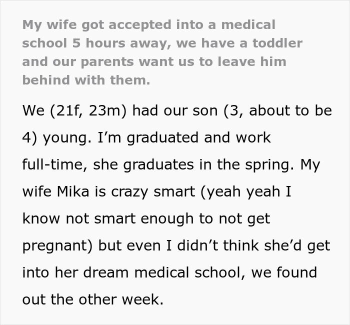 Text from a young family discussing grandparents wanting them to leave their toddler behind for medical school.