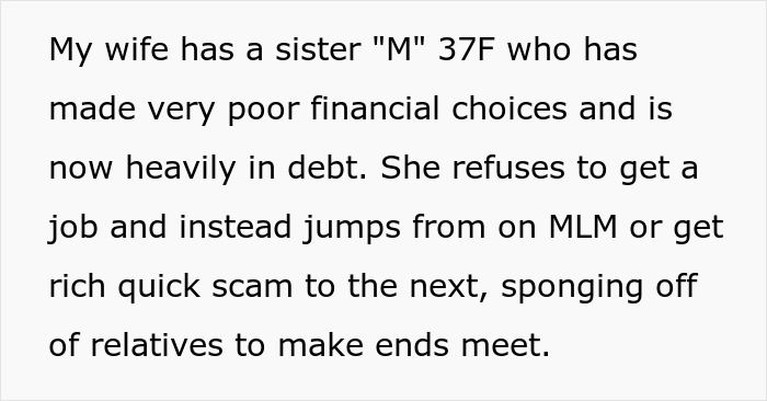Text describing a man discovering his wife secretly sent $2K to sister&rsquo;s pyramid scheme and confronting her with an ultimatum.