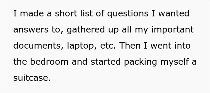 Alt text: Text excerpt describing someone making a list, gathering important documents, and packing a suitcase before leaving.