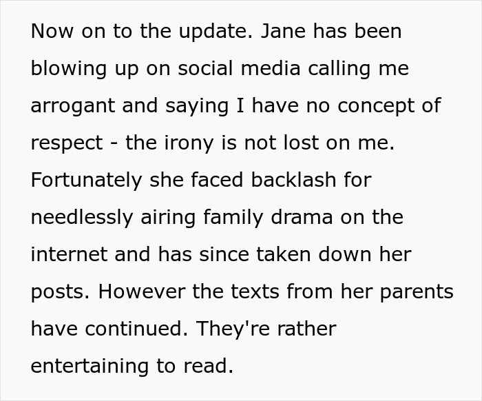 Text excerpt showing a family drama involving a jobless 36YO competing with her PhD cousin causing loss of life savings.
