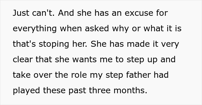 Text showing a person struggling with mom work drama and family relationship issues about taking over a stepfather&rsquo;s role.