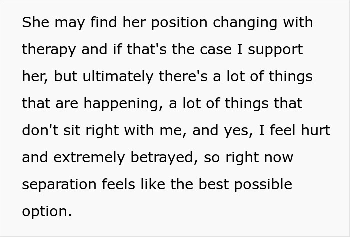 Text describing feelings of hurt and betrayal leading to separation as part of a woman&rsquo;s surprise baby trap story.