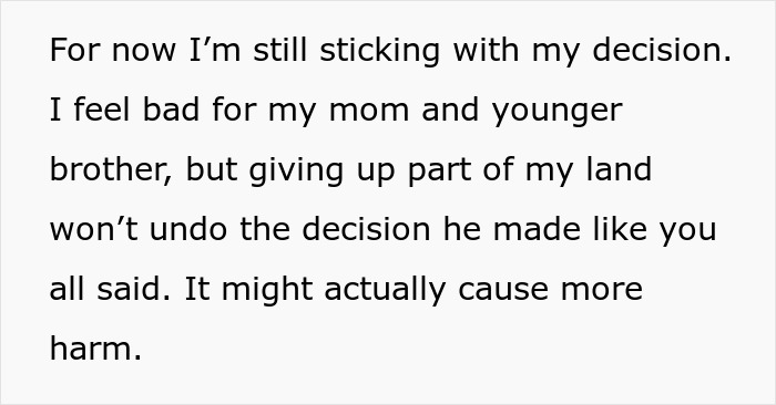 Text discussing a brother-inherited land money dispute involving family feelings and decision consequences.