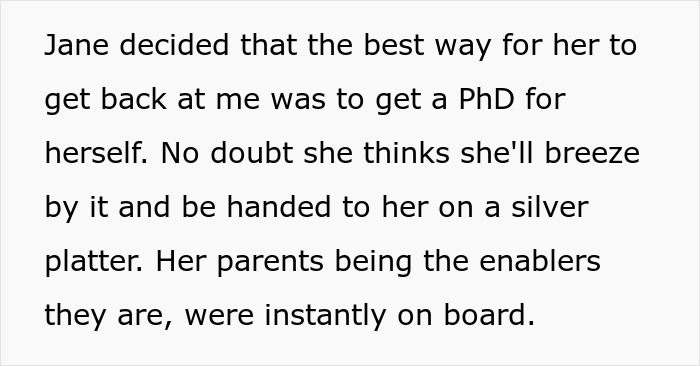 Text excerpt showing a woman&rsquo;s plan to get a PhD with help from her parents while competing with her PhD cousin.