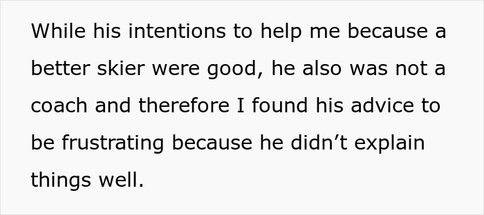 Captura de tela de texto que descreve a frustração com o conselho de um parceiro durante atividades ao ar livre que envolvem esqui.