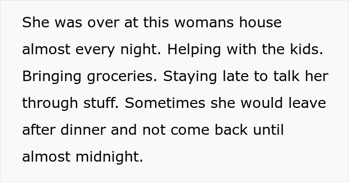 Text describing a wife supporting a coworker through a divorce while missing her hubby&rsquo;s surgery, leading him to leave.