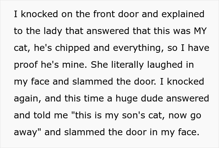 Text showing a woman confronting neighbors about her stolen cat, involving her sheriff dad in the dispute.