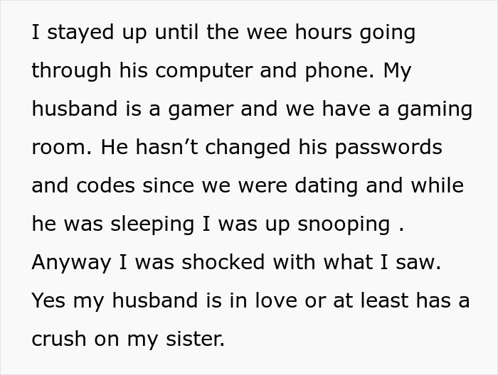 Text revealing woman weirded out by husband&rsquo;s obsession with her sister&rsquo;s weight after uncovering secret messages on his devices.