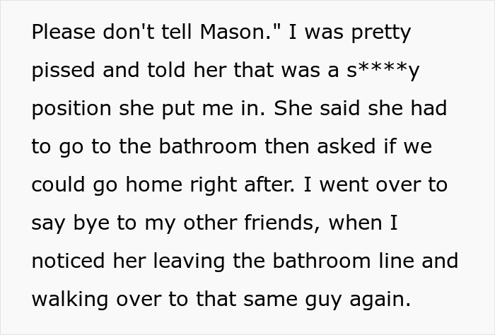 Text excerpt describing a cheater hiding a one night stand from her boyfriend while a friend threatens to expose her secret.