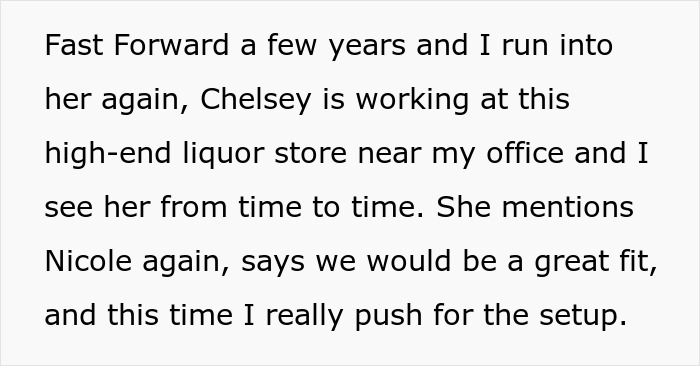 Text describing a woman hyping up a stunner friend to a single coworker, planning a surprise ambush date with a stranger.