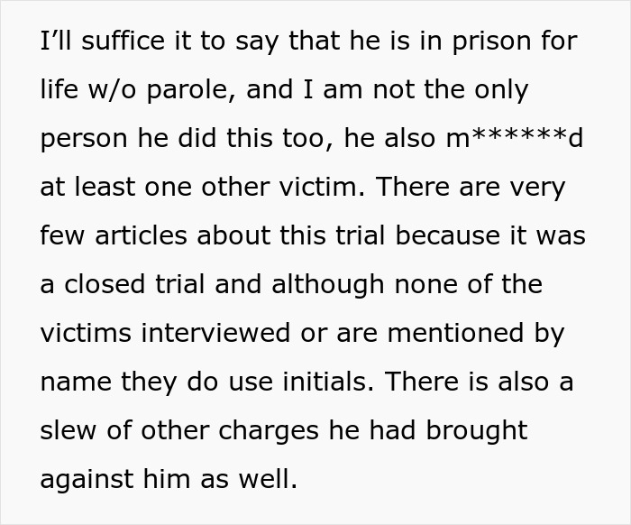 Text excerpt discussing a prisoner's life sentence and references to a closed trial and multiple charges against him.