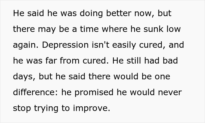 Text excerpt about a man's ongoing battle with depression and his promise to keep improving in his love story.