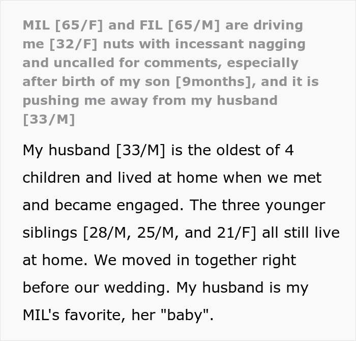 New mom experiences anxiety from in-laws' incessant nagging after childbirth, causing strain in her marriage.