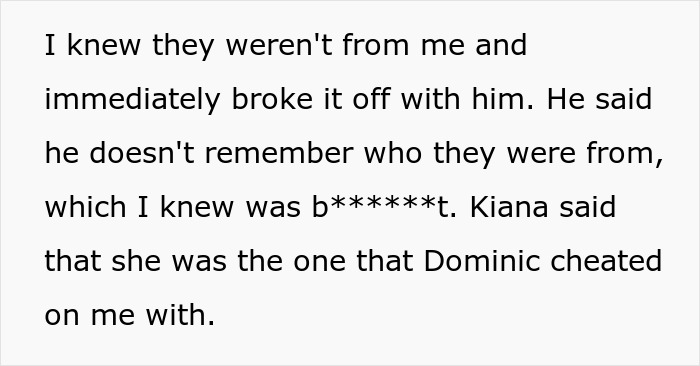 Text excerpt revealing a cheater hiding a one night stand, friend threatening exposure, and uncovering a horrible secret.